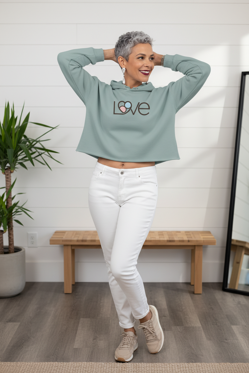 L69VE Heart Cropped Hoodie (Brown Logo) — Women’s Cute Graphic Sweatshirt